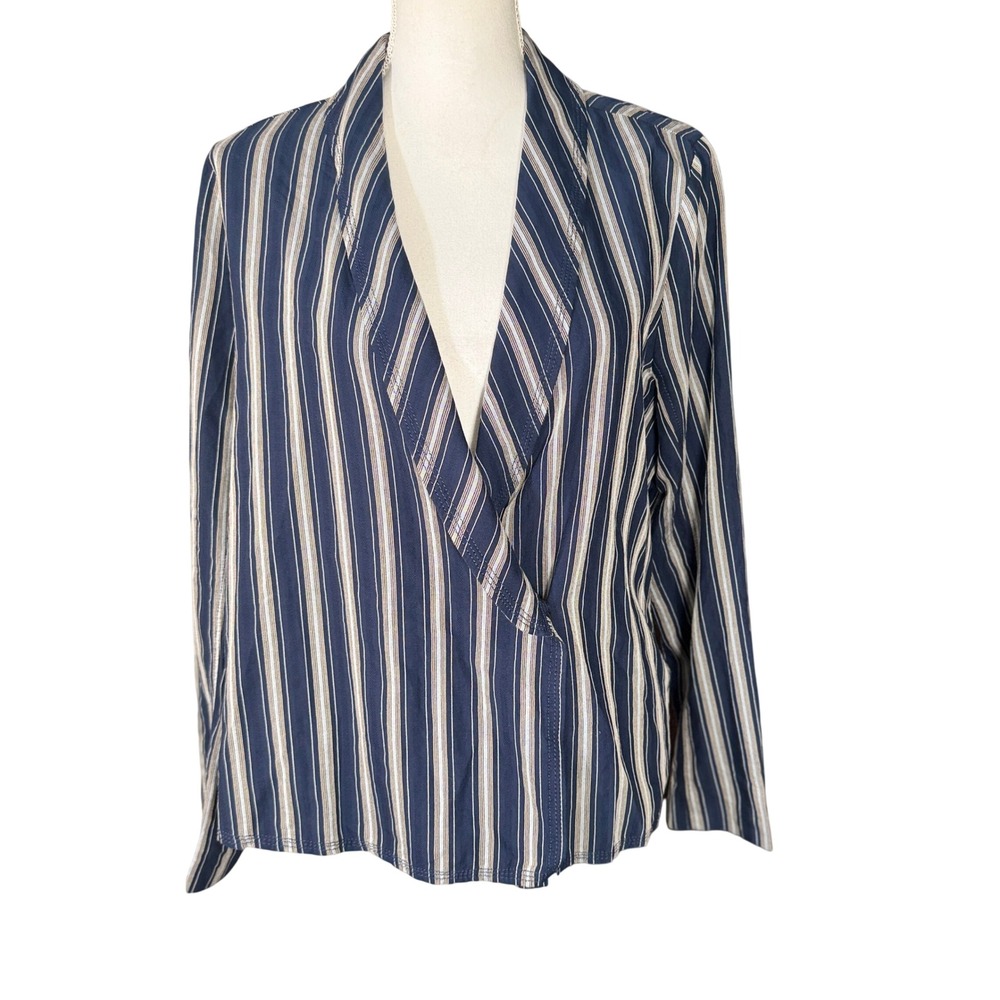 J.Crew Navy Blue White Striped Faux Wrap Top No Waist Tie Preppy Size Large NWT